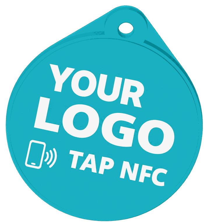 3D render of the turquoise NFC keychain, with space for your logo