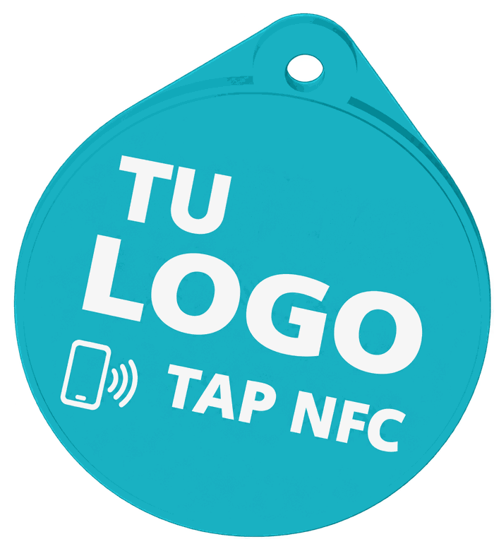 Render 3D del llavero NFC turquesa, con espacio para su logo