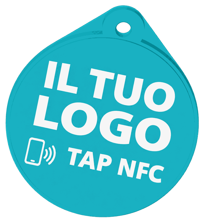 Visualizzazione 3D del portachiavi NFC turchese, con lo spazio per il vostro logo